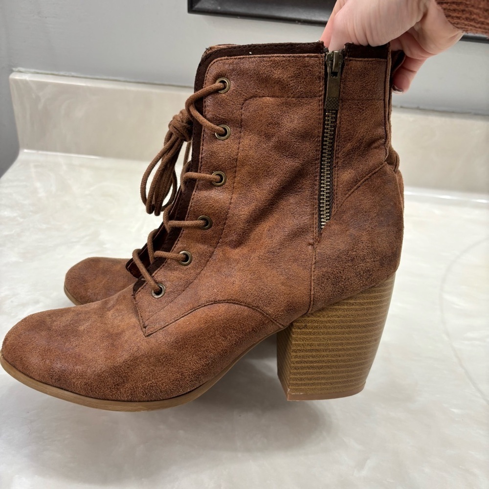Brown Lace-Up Block Heel Booties | Size 11
